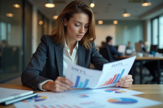 Femme en costume analyse documents SWOT PESTEL