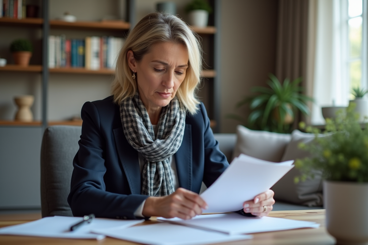 Femme d'âge moyen en blazer bleu examine des documents d'assurance