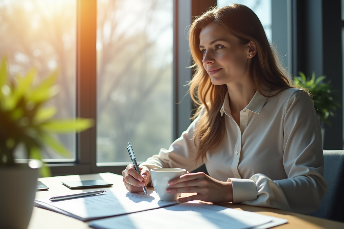 Femme professionnelle examinant des documents d'assurance au bureau