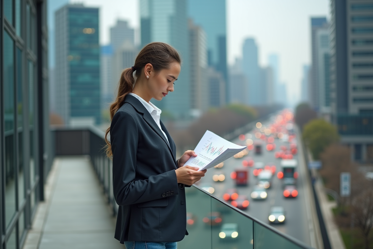 Jeune femme regardant des graphiques boursiers en extérieur