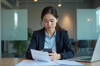 Femme en tenue professionnelle consultant un document dans une agence bancaire pour résoudre un blocage de compte La Banque Postale