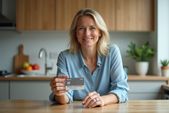 Femme souriante tenant une carte bancaire personnalisée dans la cuisine