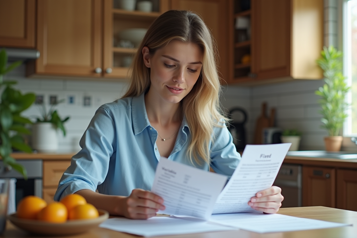 Jeune femme comparant des documents de taux d