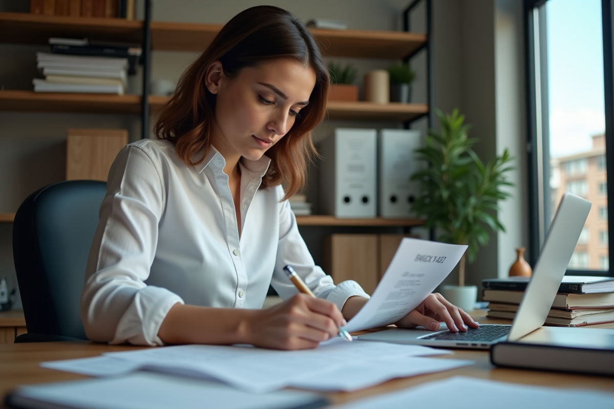Femme enquêtrice en assurance travaille sur un ordinateur dans un bureau lumineux