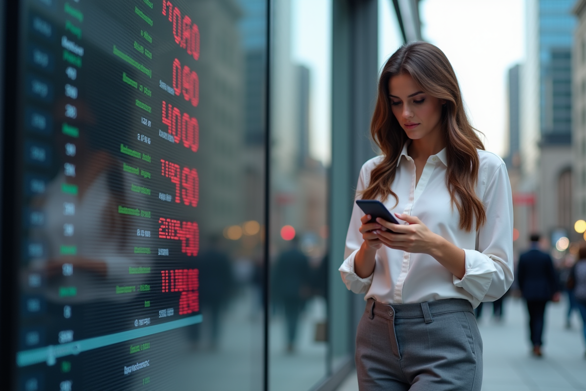 Jeune femme vérifiant des mises à jour financières sur son téléphone