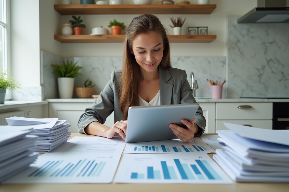 Jeune femme en tenue décontractée analysant des documents financiers