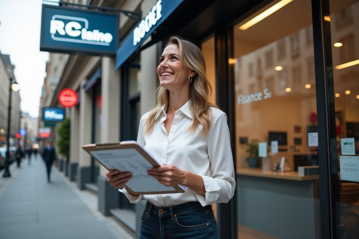 Femme freelance souriante avec brochures d
