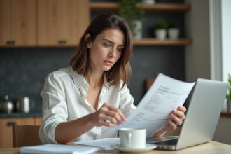 Femme d affaires regardant son relevé bancaire à la maison