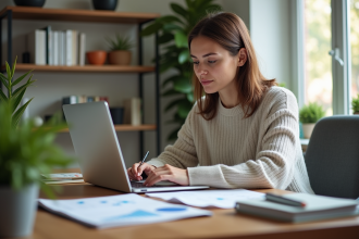Femme étudie des graphiques financiers à son bureau