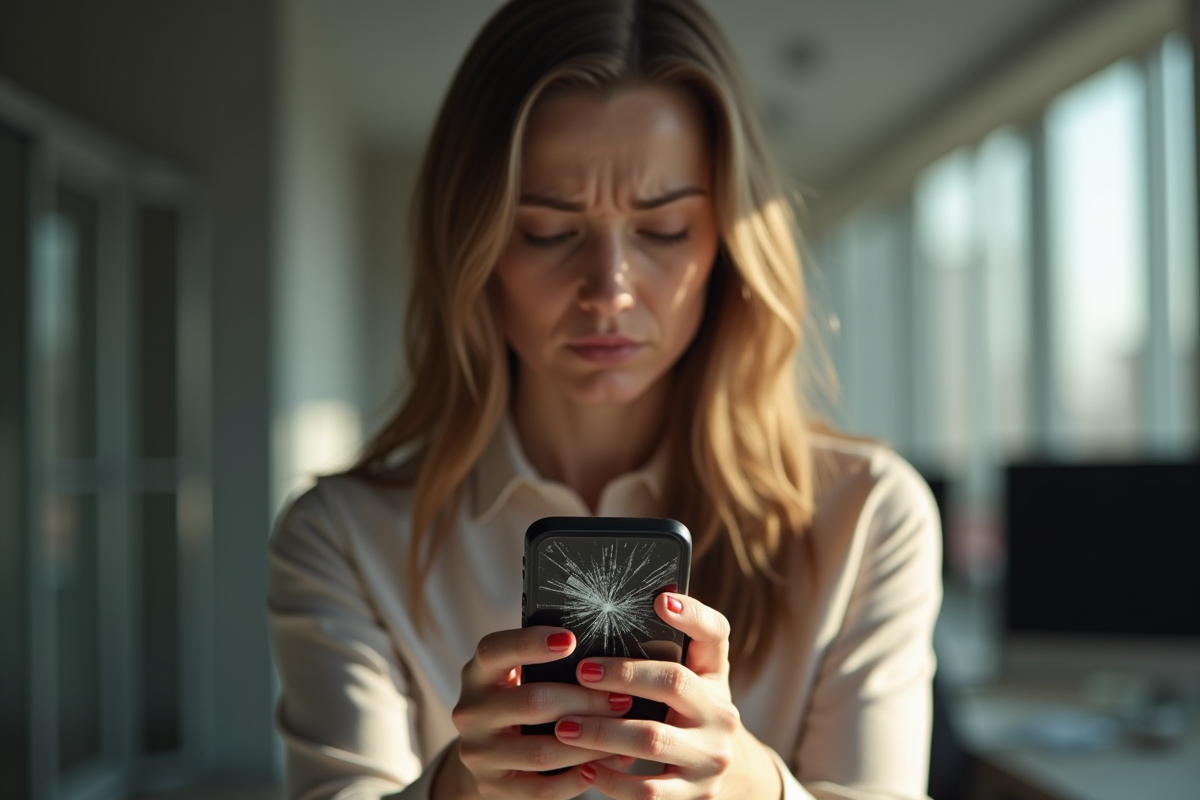 Femme inquiète tenant un smartphone cassé dans un bureau