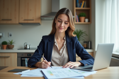 Jeune femme d'affaires examine des documents d'investissement immobilier