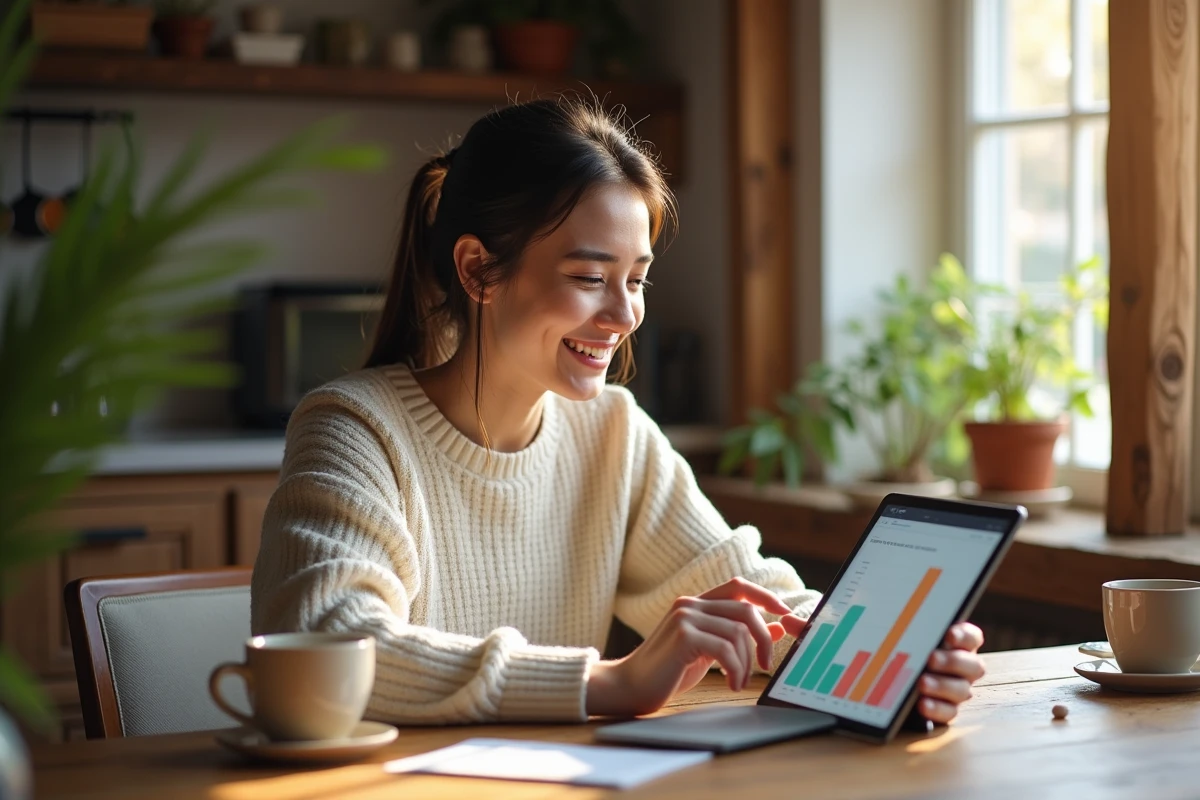 Jeune femme souriante examinant des graphiques sur sa tablette