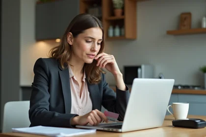 Jeune femme concentr&eacute;e avec son ordinateur et carte bancaire