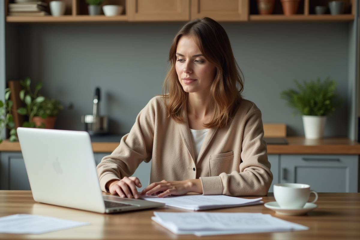 Femme organisée à la maison avec ses factures