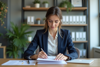 Femme professionnelle organise des documents au bureau