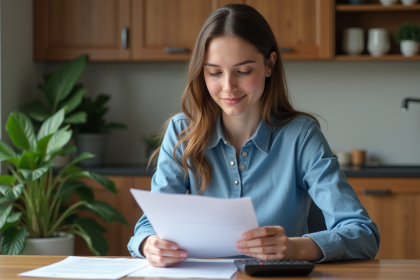 Jeune femme en cuisine examinant des documents de prêt
