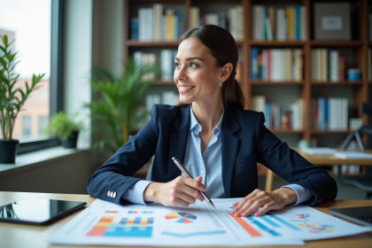 Femme d'affaires analysant des graphiques PESTEL dans un bureau moderne