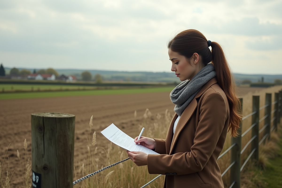 Jeune femme examinant des documents dans un champ agricole