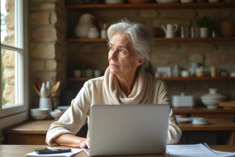 Femme pensant dans une cuisine de campagne française