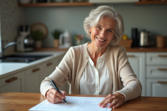 Femme d'environ 60 ans remplissant papiers de retraite à la maison
