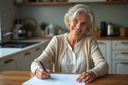 Femme d'environ 60 ans remplissant papiers de retraite à la maison