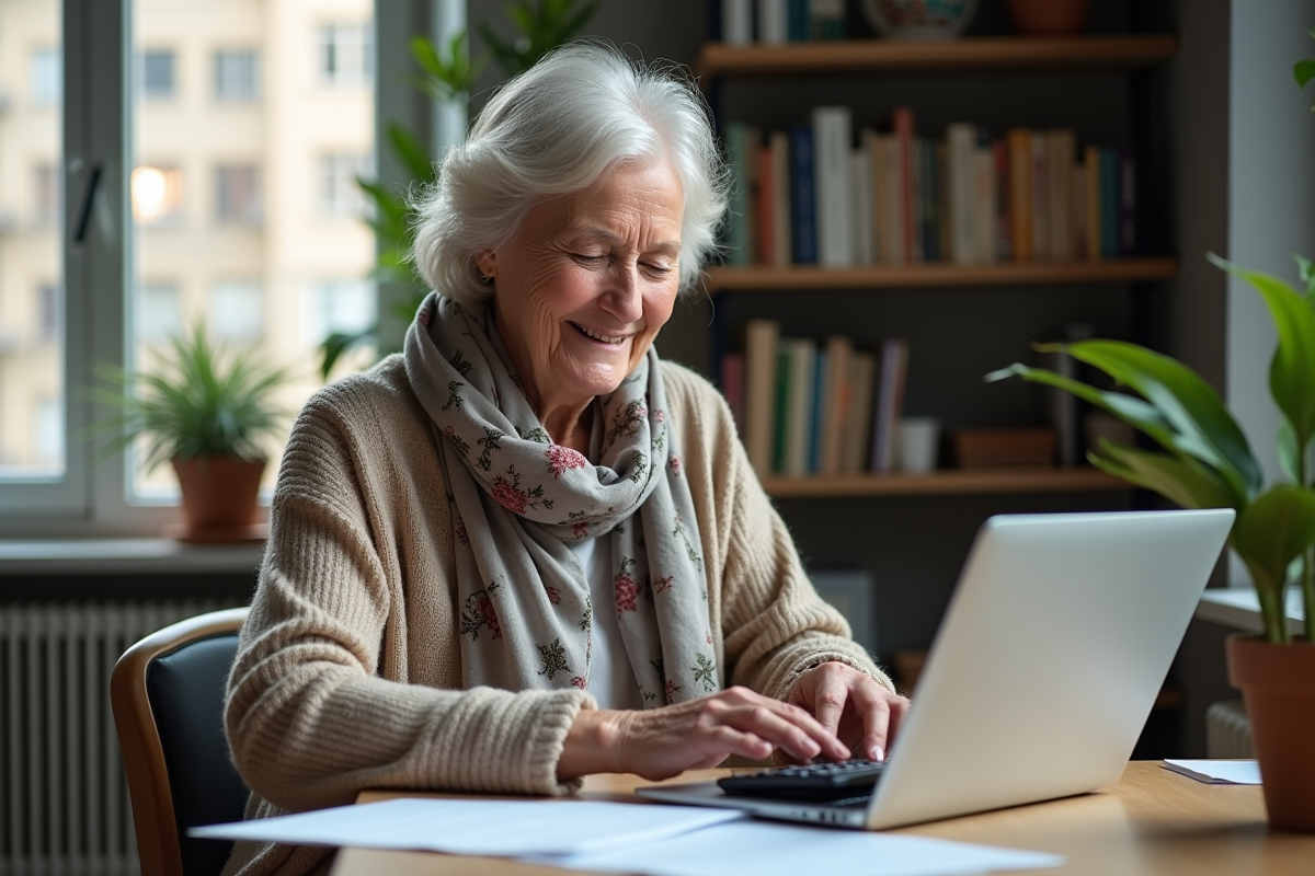 Femme retraitée utilisant une calculatrice dans son appartement