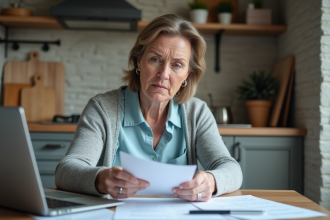 Femme d'âge moyen examine des papiers dans la cuisine moderne