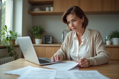 Femme d'âge moyen examinant des papiers avec un ordinateur dans une cuisine lumineuse