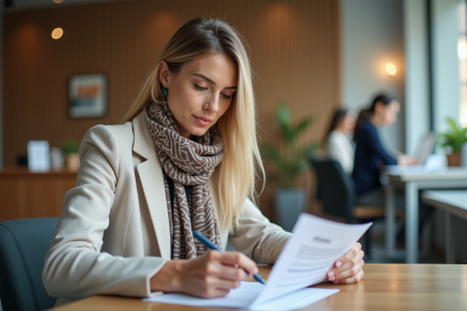 Femme en blazer examine un document de pret personnel