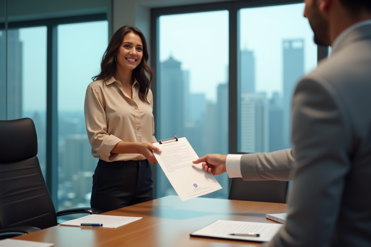 Jeune femme professionnelle remettant un reçu signé lors d