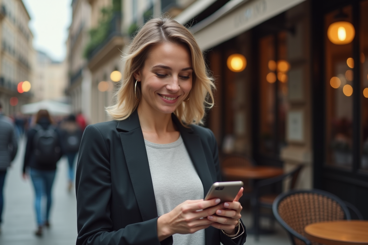 Femme souriante vérifiant sa transaction crypto dehors