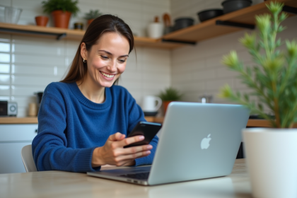 Femme souriante vérifiant ses gains cashback à la maison