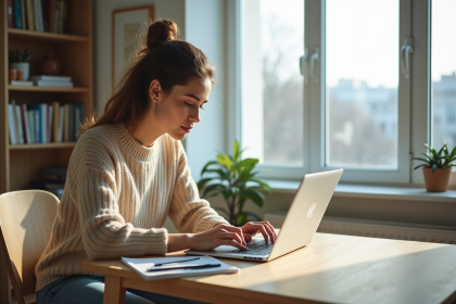 Jeune femme concentrée sur son ordinateur portable à domicile