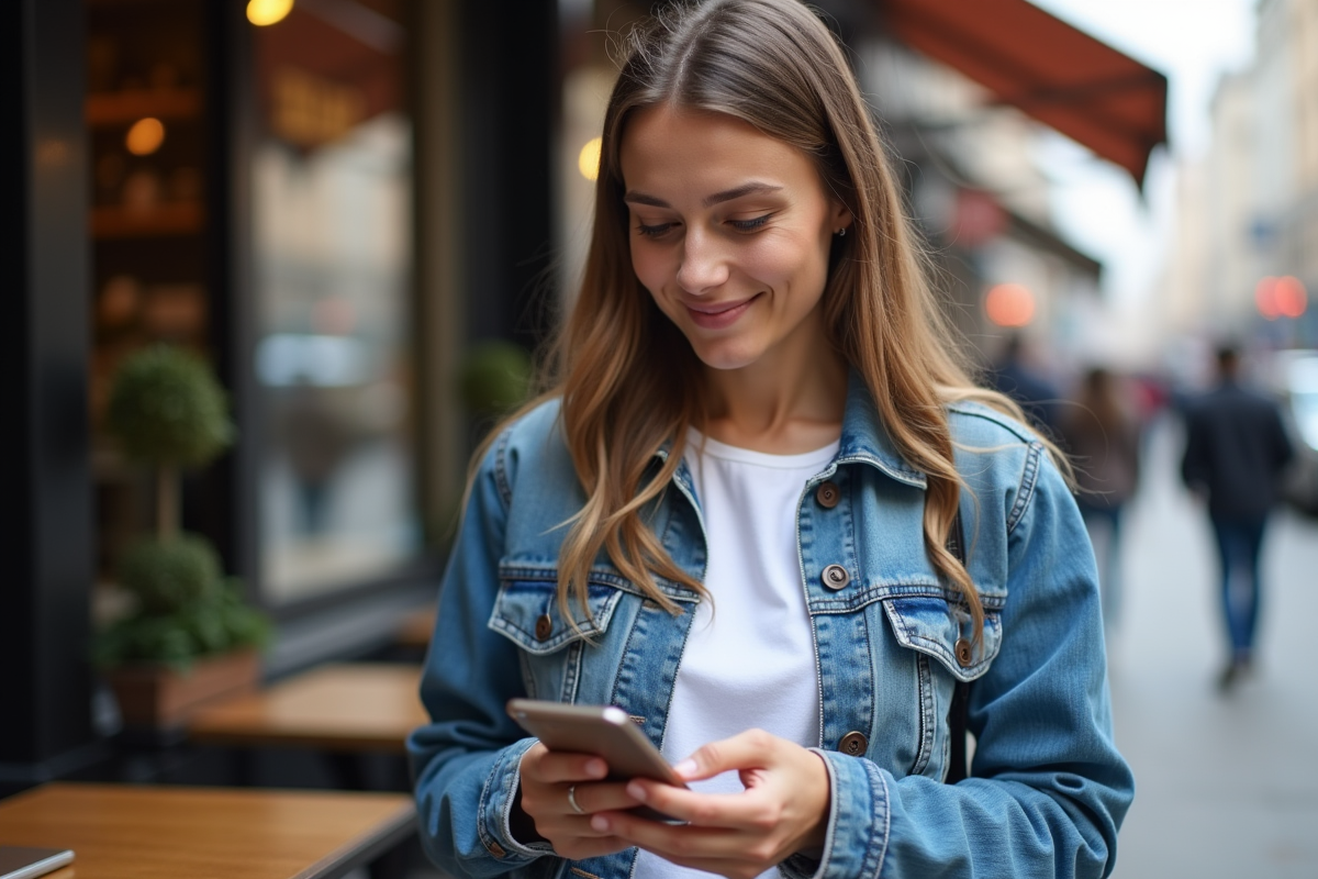 Femme dehors au café utilisant son smartphone avec enthousiasme
