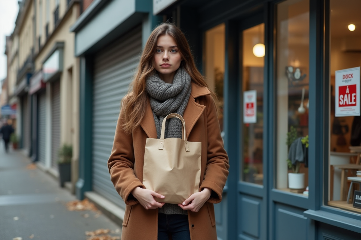 Jeune femme française devant une vitrine à vendre