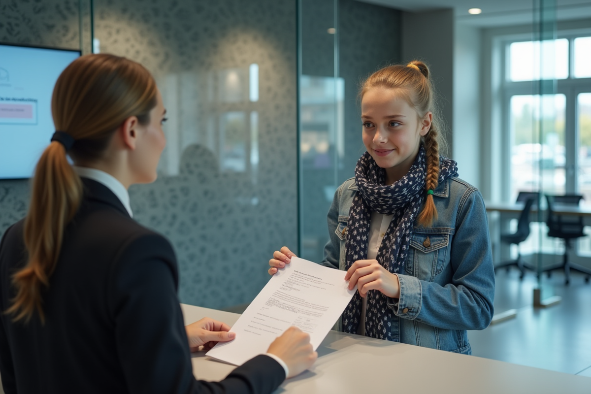 Fille de 16 ans remettant des papiers à une caissière en banque