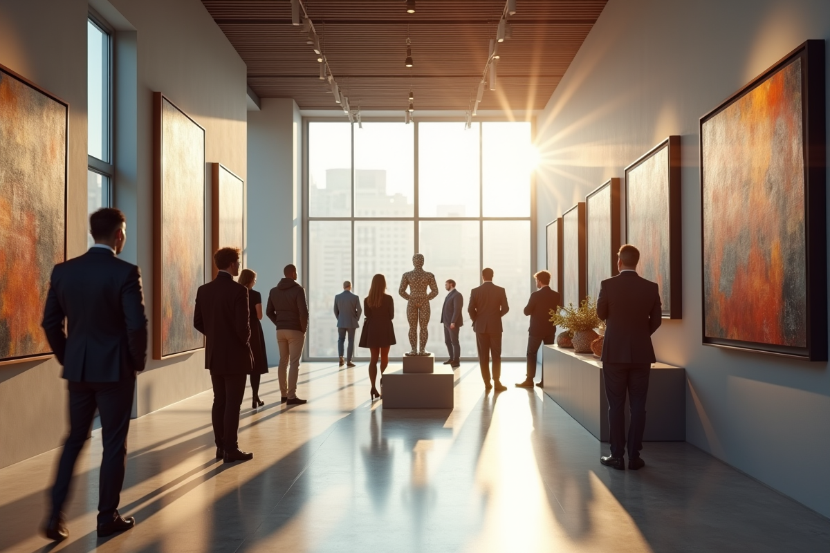 Groupe d'investisseurs dans une galerie d'art moderne lumineuse