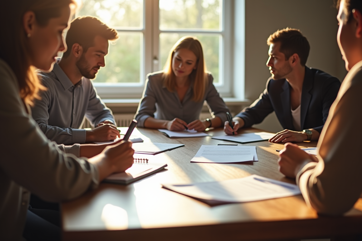 Groupe diversifié autour d'une table lisant des papiers