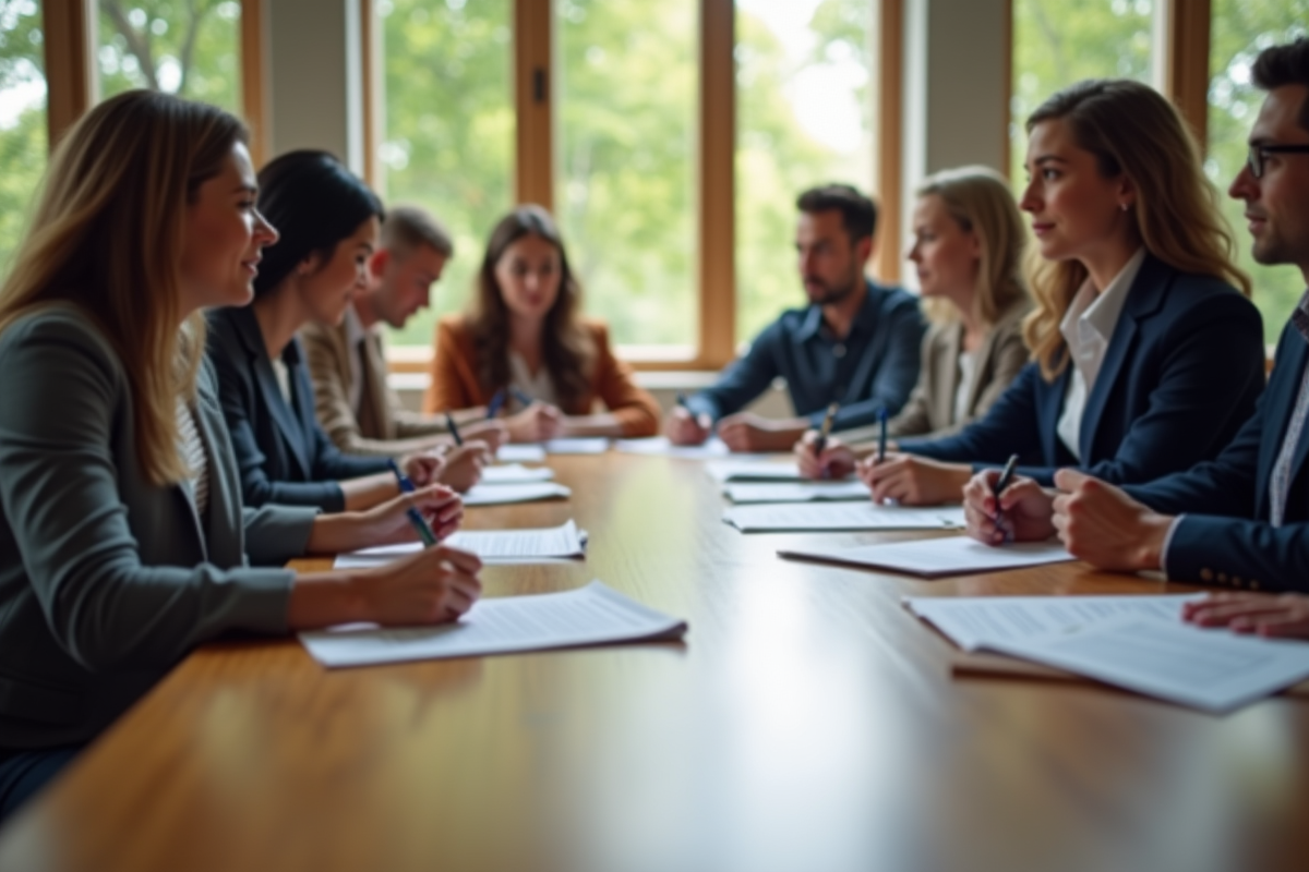 Groupe divers signant des documents officiels en réunion