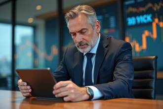 Homme d'affaires en costume analysant des graphiques économiques