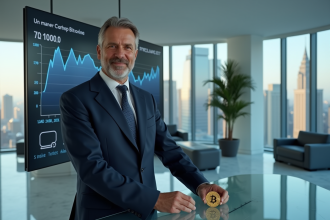 Homme d'affaires en costume navy avec Bitcoin en main