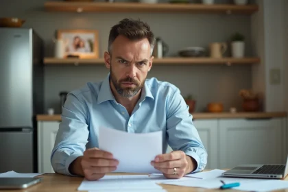Homme d'affaires examine une lettre dans la cuisine