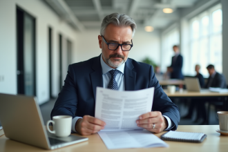 Homme d'affaires en costume bleu relisant un document de remboursement