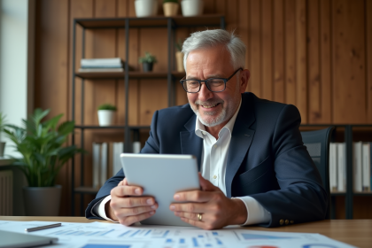 Homme d'affaires en r&eacute;union avec tablette et graphiques