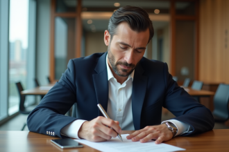 Homme d'affaires en costume signant des documents dans un bureau moderne