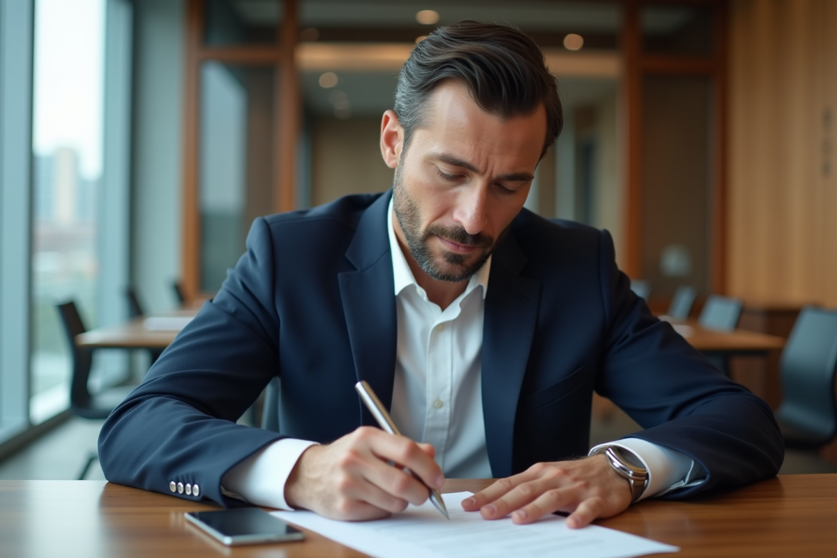 Homme d'affaires en costume signant des documents dans un bureau moderne