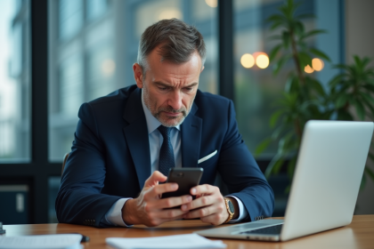 Homme d'affaires anxieux v&eacute;rifiant son smartphone au bureau
