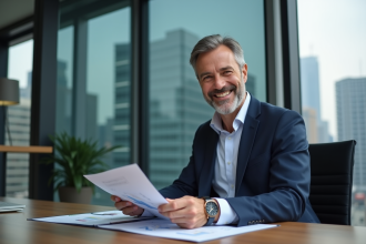 Homme d'affaires souriant en costume dans un bureau moderne