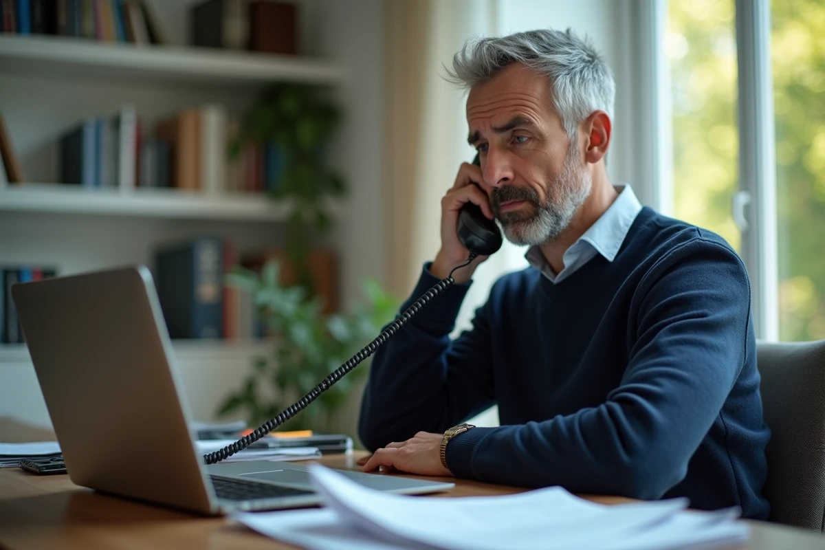 Homme contactant le service client de La Banque Postale par téléphone depuis son bureau à domicile pour débloquer son compte