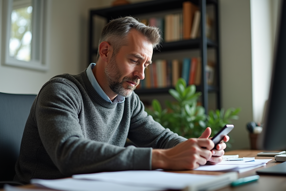 Homme vérifiant son application bancaire sur smartphone au bureau